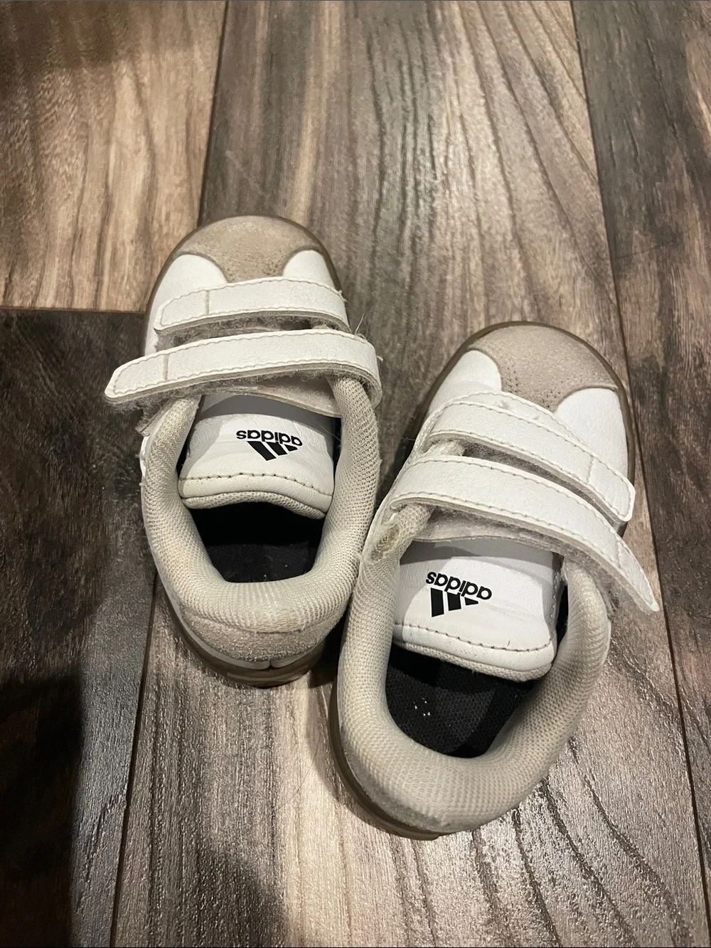 adidas Kids White Sneakers with Black Stripes and Brown Sole